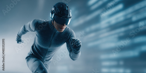 Futuristic athlete in high tech suit and helmet sprints forward with determination in digital environment, showcasing speed and innovation