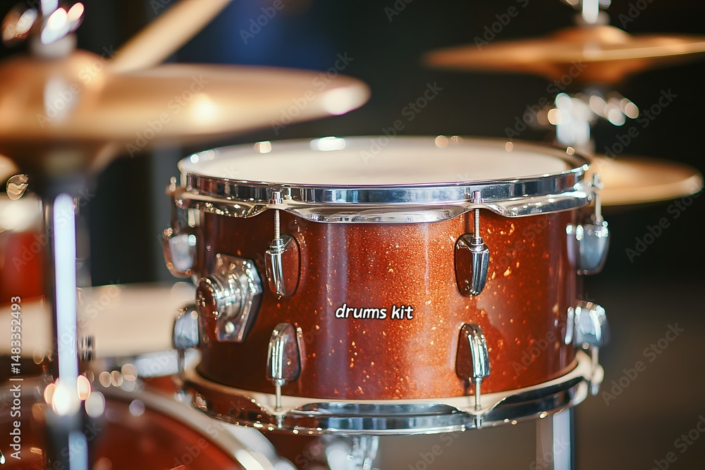 Naklejka premium Close-up of professional drum kit with sparkling brown finish and cymbals in studio lighting