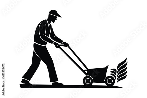 The man mows the grass silhouette vector art illustration