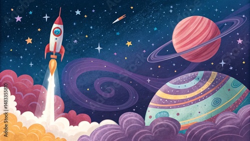 Child Reading on Magic Platform in Vibrant Outer Space Scene V4