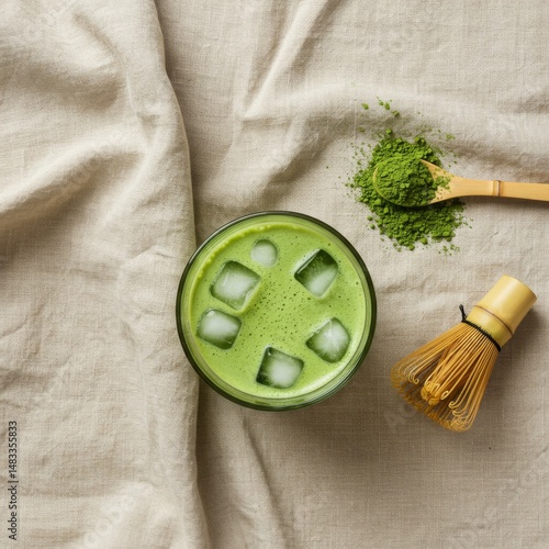 Iced Matcha Latte with Bamboo Whisk on Linen