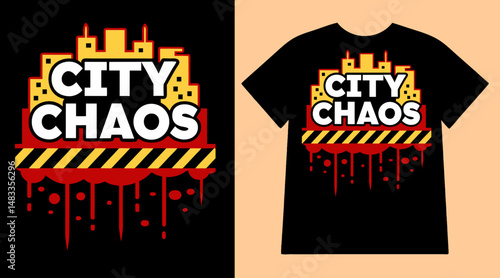 City Chaos Urban Streetwear T-Shirt Design – Grunge Cityscape Graphic Tee with Drip Effect for Skaters and Trendy Urban Fashion