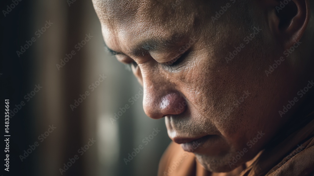 Obraz premium Close up Portrait of a Pensive Asian Man in Monk Robes Contemplating Spirituality