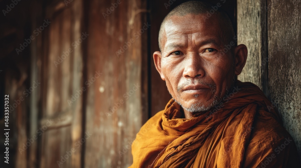 Naklejka premium Serene Buddhist Monk Portrait Peaceful Asian Man in Traditional Saffron Robe