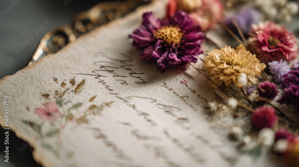 Fototapeta premium Vintage Handwritten Letter Decorated with Dried Flowers Romantic Wedding Stationery Closeup