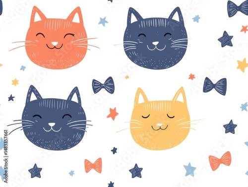 Adorable Kawaii Style Doodle Cats Seamless Pattern Design