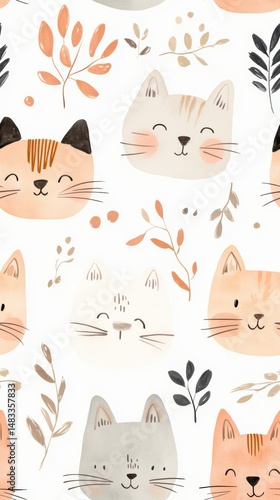 Cozy Watercolor Doodle Cat Seamless Pattern for Background Design