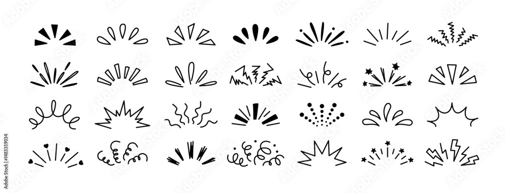 Doodle explosion. Comic burst manga elements. Radial line rays, hand drawn shine, idea, surprise and exclamation symbol. Explosion frames, retro cartoon outline vector set