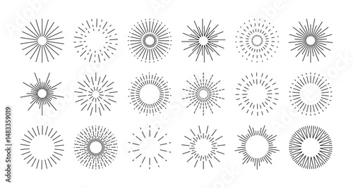 Line fireworks. Starburst, shining sun ray icons, radial spark and sunburst simple sign. Line art festive fireworks for New Year and Independence Day celebration. Vector set