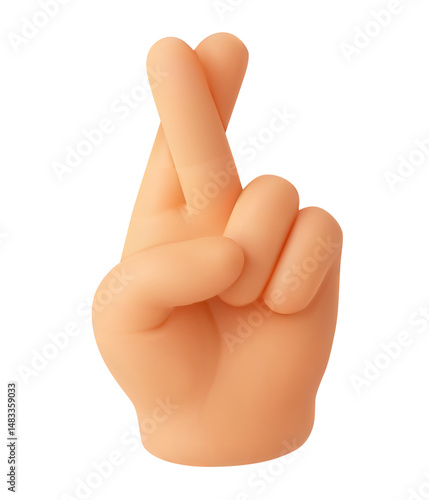 Crossed Fingers 3d hand gesture emoji. Cross finger for good luck cute cartoon sign. Hope, wish and positive anticipation emoticon. Vector realistic soft render icon