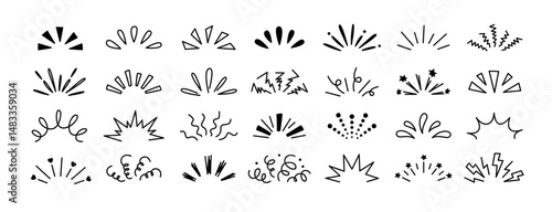 Doodle explosion. Comic burst manga elements. Radial line rays, hand drawn shine, idea, surprise and exclamation symbol. Explosion frames, retro cartoon outline vector set