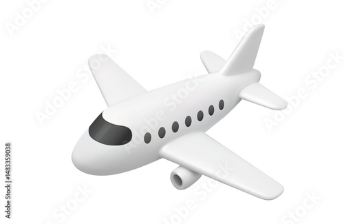3D plane. Cartoon airplane flying in sky, cute white aircraft toy,  jet for aviation, travel and booking, tourism concept. Vector realistic render isolated illustration