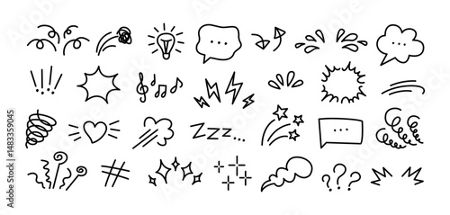 Manga expression. Emotion and motion comic hand drawn elements. Speech bubbles, stars and swirls, lightning and music sound minimal icons for comics and media. Vector set