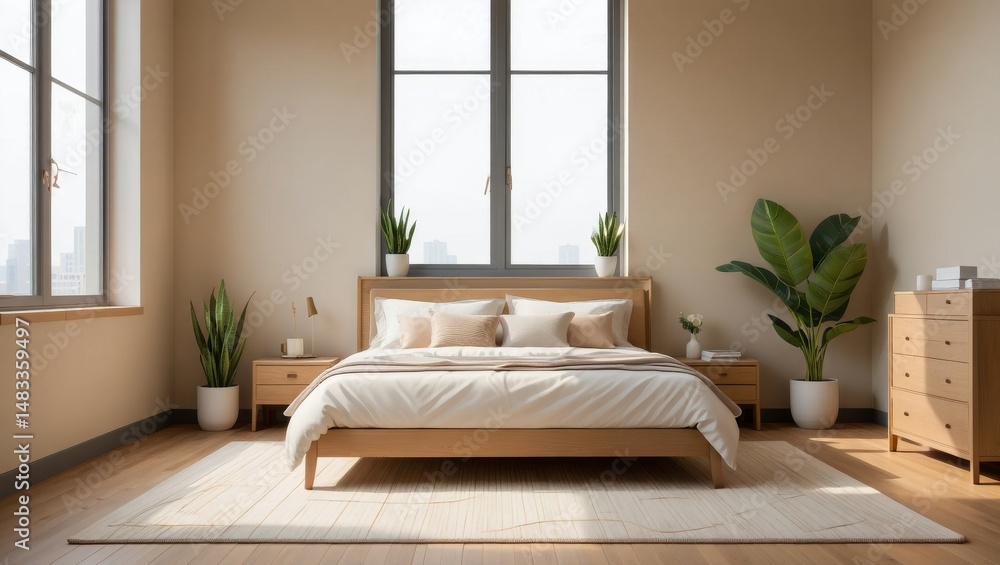 Modern Scandinavian Bedroom Interior with Soft Beige Tones and Natural Light Modern Scandinavian Bedroom Interior with Soft Beige Tones and Natural Light