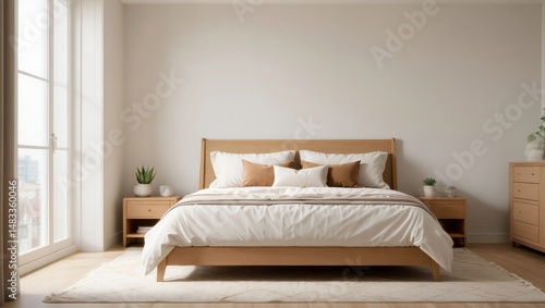 Modern Scandinavian Bedroom Interior with Soft Beige Tones and Natural Light