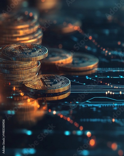 Digital currency stacks shine on an intricate circuit board background during an evening setting focused on innovation and finance