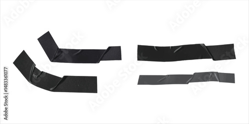 Bent and angular black duct tape vector strips on white background, ideal for creating realistic grunge-style overlays, mockups, street art graphics, posters, scrapbooking, and digital collages