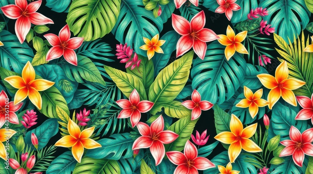 Fototapeta premium Vibrant Tropical Flowers and Lush Green Leaves Seamless Pattern