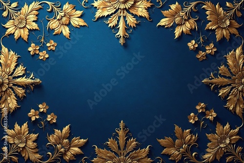 Intricate floral damask pattern in elegant gold on deep blue background , interior, texture, art