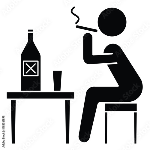 A man drinks an alcoholic beverage. Silhouette of depressed man with bottle glass smoking, representing alcohol addiction problem.