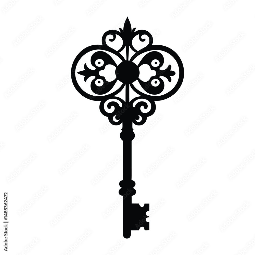 Obraz premium Vintage key silhouette ornate vector logo on white background