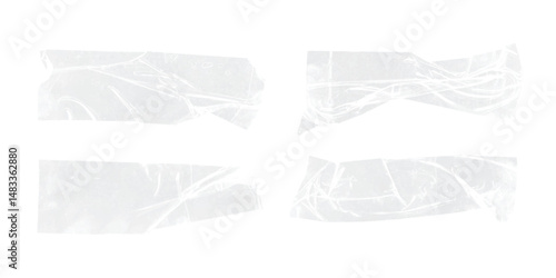 Collection of crumpled transparent adhesive tape strips in vector format, ideal for realistic overlays in digital artwork, collages, visual mockups, posters, and design compositions