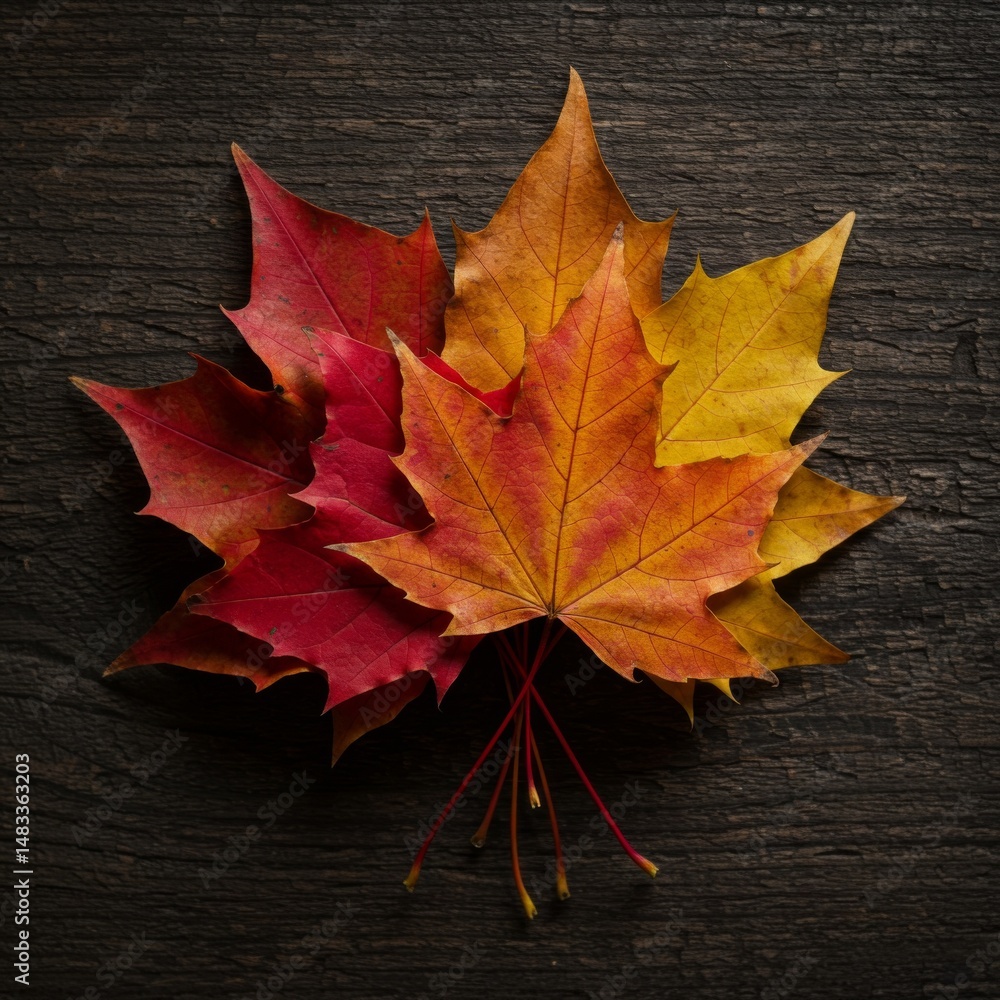 Obraz premium Red And Yellow Maple Leaves On Dark Wooden Background