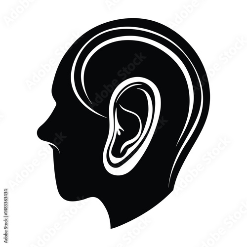 Silhouette of ear with hearing aid on white background