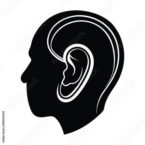 Silhouette of ear with hearing aid on white background