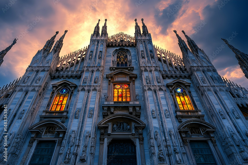 Fototapeta premium Sunset illuminates milan cathedral façade with stunning stained glass windows