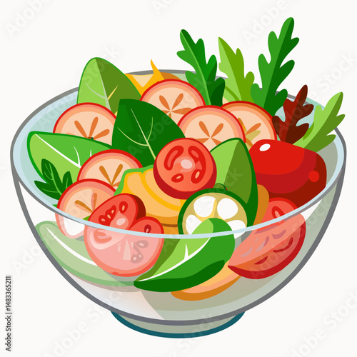 3d a fresh mixed vegetables salad in glass bowl. Healthy and delicious meal. Isolated Illustration on white background. Side view