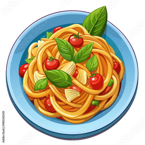 Italian Pasta Dish with tomatoes ,cheese and basil.Healthy and delicious meal. Isolated vector Illustration on white background.