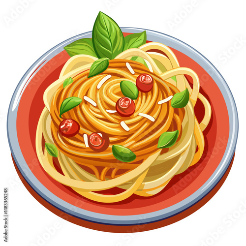 Italian Pasta Dish with tomatoes ,cheese and basil.Healthy and delicious meal. Isolated vector Illustration on white background.
