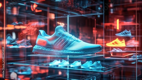 Futuristic sports shoe display.  Modern, vibrant, and illuminated display showcasing high-performance running shoes.  The glowing, transparent cases create a dynamic, energetic atmosphere