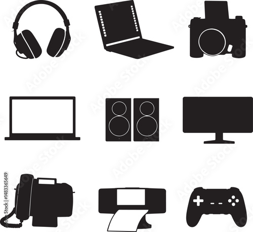 Black and White Electronics Silhouette Collection – Vector Icons of Gadgets and Digital Devices in Minimalist Styl