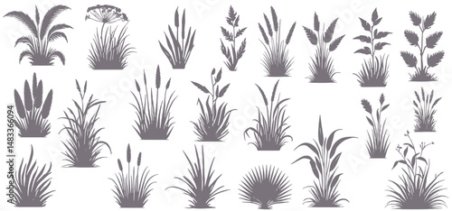 set of bush grass shrub herb silhouette vector transparent background. silhouette of the grass set