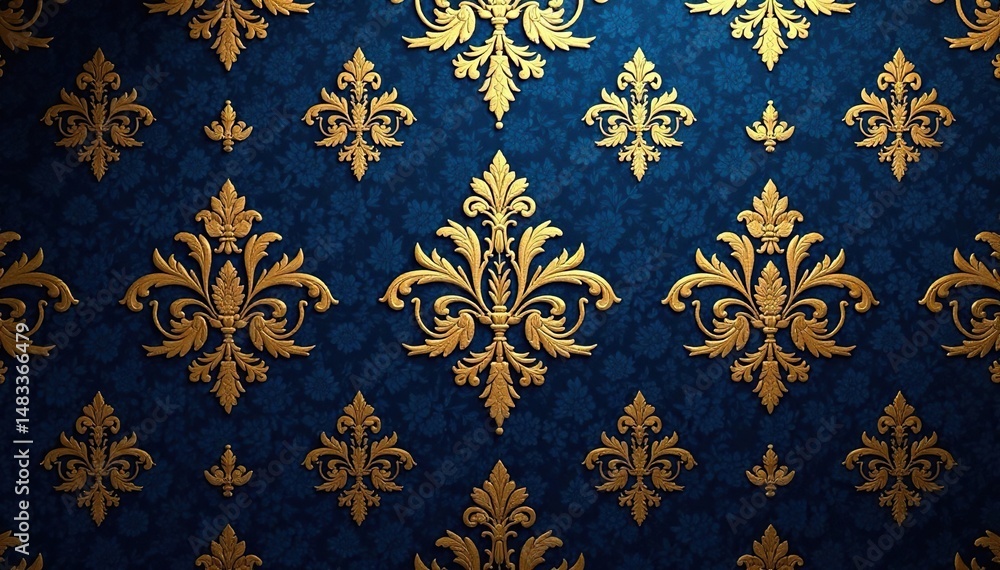 Intricate floral damask pattern in elegant navy blue and gold , decorative, style, acanthus Intricate floral damask pattern in elegant navy blue and gold , decorative, style, acanthus