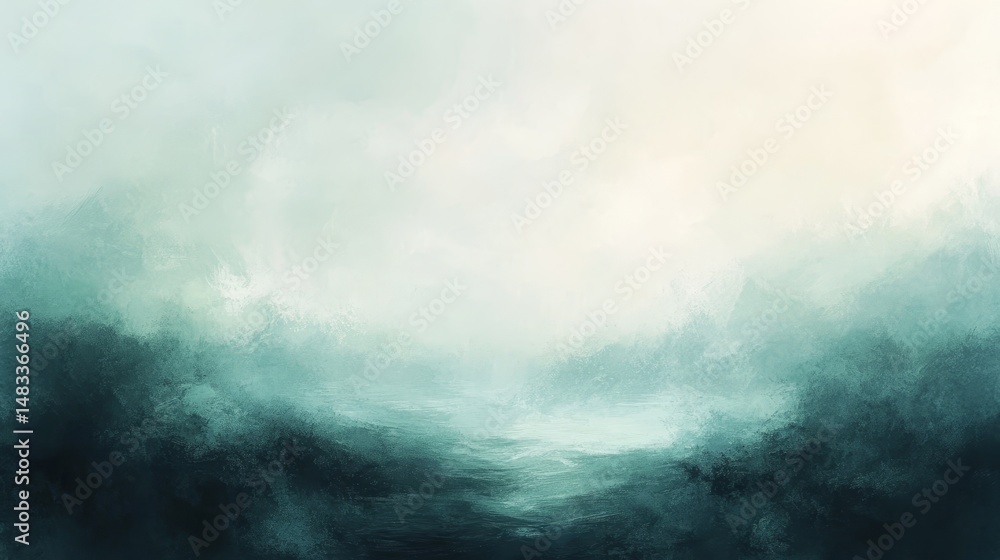 Obraz premium A misty, ethereal landscape painting in soft teal and light tones.