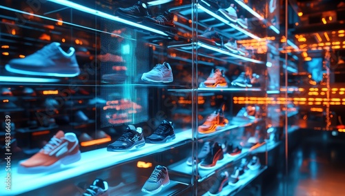 Modern shoe store with vibrant lighting and display shelves showcasing various athletic footwear