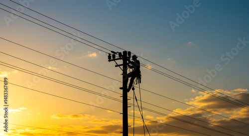 Silhouette of Utility Worker on Telephone Pole with Birds at Sunset Over Wires