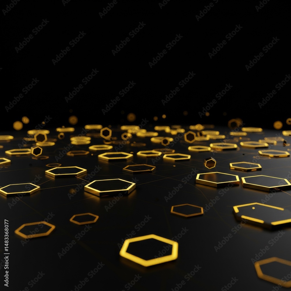 Obraz premium Golden Hexagons on Black Background Abstract 3D Render