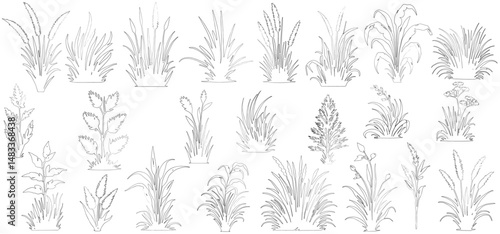 set of grass line cad, minimal isolated on white background. Ground cover. Illustration for elevation architectural element, vector