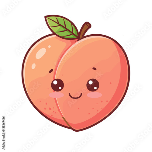 Cute cartoon peach character with a smiling face and leaf  