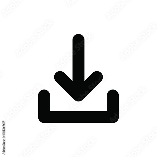 Download icon, black arrow symbol, Save to device icon, Download button vector, Data transfer symbol, File saving graphic, Storage input sign, Digital download emblem, vector illustration.