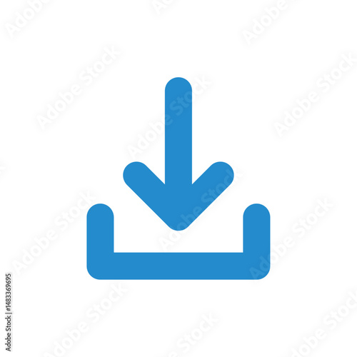 Download icon, Blue arrow symbol, Save to device icon, Download button vector, Data transfer symbol, File saving graphic, Storage input sign, Digital download emblem, vector illustration.