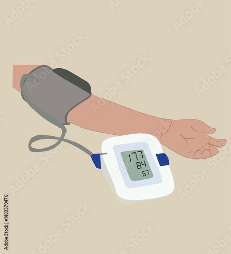vektor Measuring blood pressure and healthcare concept. Human hand wearing tonometer examining checking blood pressure and heartbeat Health monitoring. 