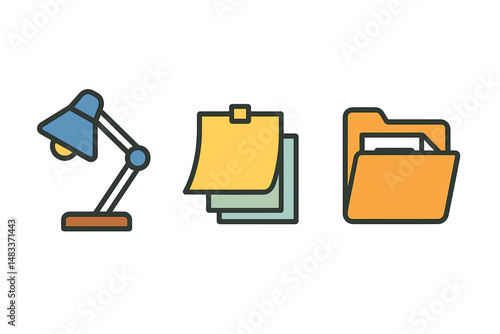 Desk lamp icon with sticky notes and folder on gradient background colored vector illustration
