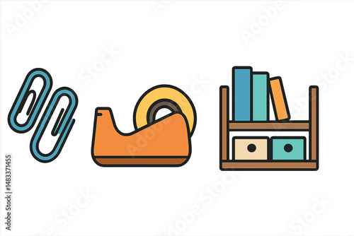 Office supplies icons: paperclips, tape dispenser, bookshelf with drawers colored vector illustration