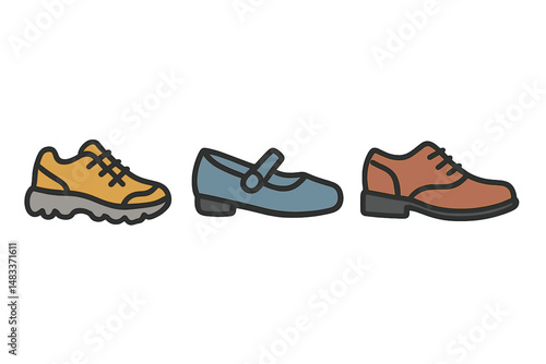 Yellow hiking shoe, blue mary jane, orange dress shoe illustrations on gray colored vector illustration