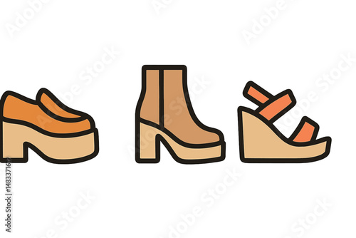Variety of stylish footwear icons with heels and platform designs colored vector illustration